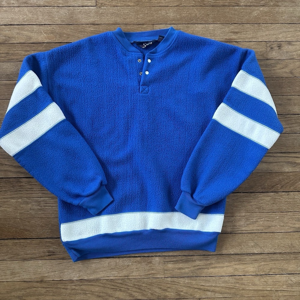Vintage Stats Fleece Henley Blue‎ White Medium